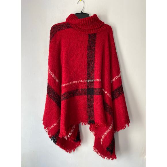 Knit Turtleneck Fringe Hem Plaid Poncho‎ Shawl SZ L/XL Warm Soft Preppy Holiday - Picture 2 of 7